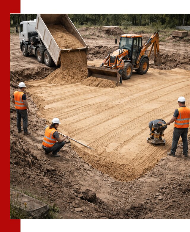 Устройство песчаной подушки для фундаментов и дорог в Климовске